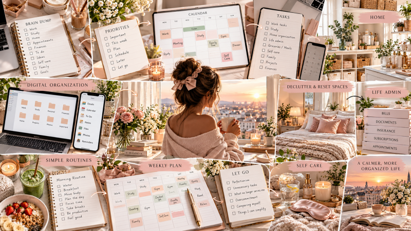 Step-by-step guide to organizing your life with a brain dump, priorities, calendar, task list, digital organization, decluttering, life admin, weekly planning, simple routines and self care.