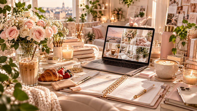 A calm and organized workspace with an open planner, laptop, coffee, flowers and planning essentials for organizing your life when everything feels overwhelming.