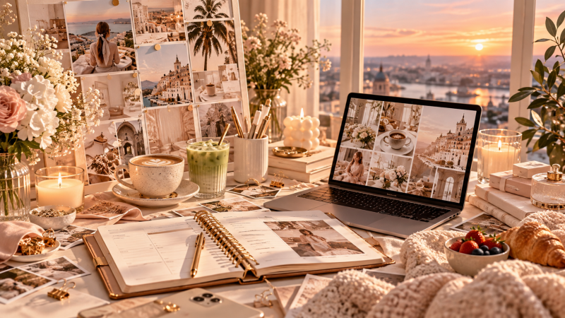 2027 life reset and goal planning aesthetic with planner, vision board, laptop and cozy workspace for a fresh start in the new year