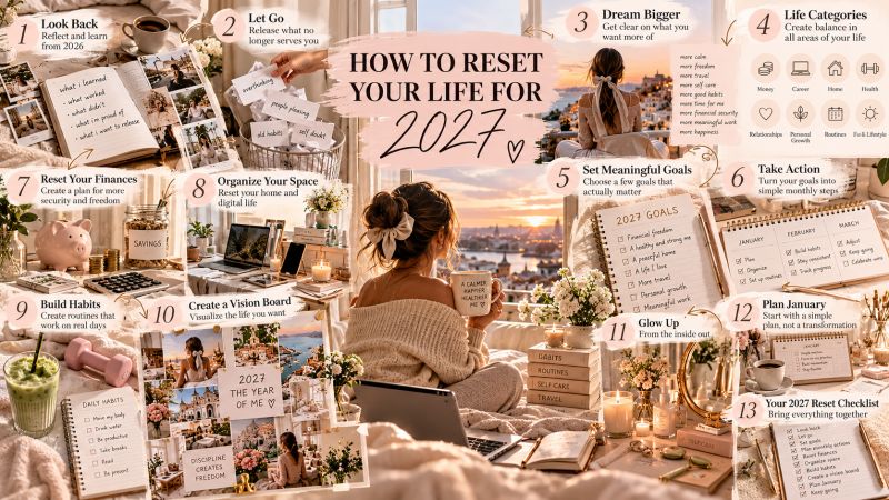 How to reset your life for 2027 step-by-step guide with goals, habits, finances, organization, vision board, self care and New Year reset checklist.