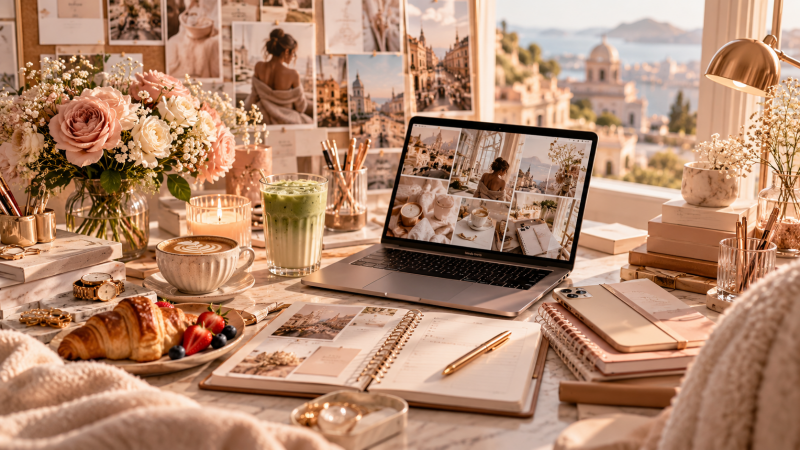 Aesthetic small business workspace with laptop, planner and creative planning tools for starting a small business in 2027.