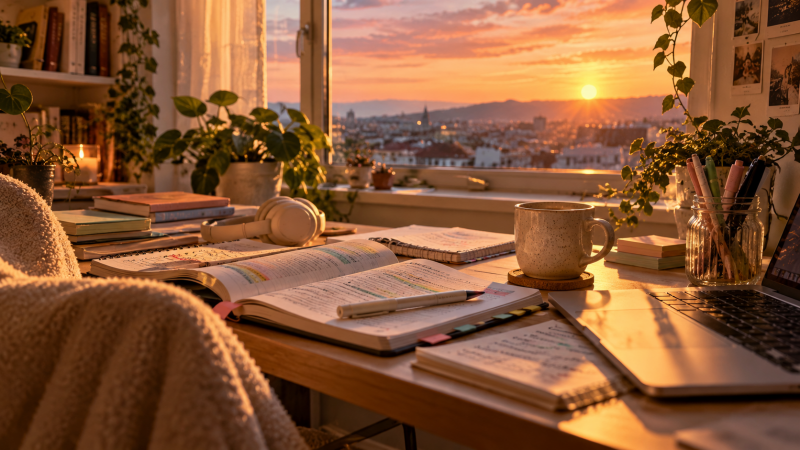 Aesthetic study desk with open notes, laptop, books and coffee in warm sunset light, creating a calm and motivating space for focused studying.