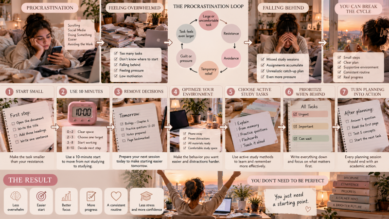 Visual guide explaining how to stop procrastinating while studying with a 10-minute study start, smaller tasks, fewer distractions, active study methods and a consistent routine.