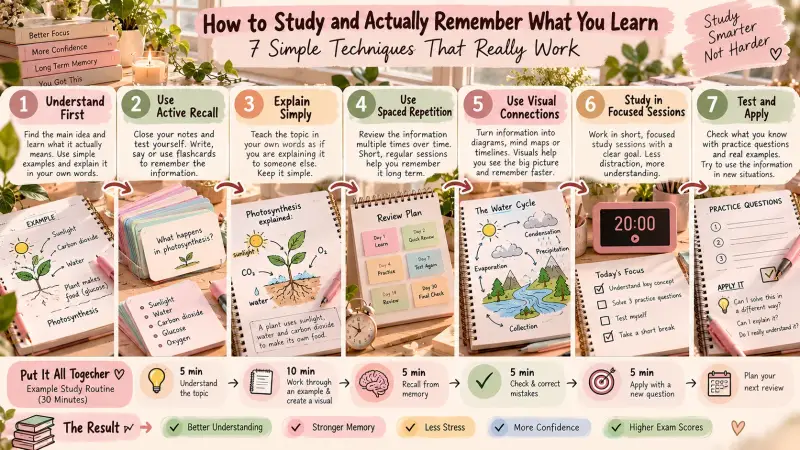 Educational infographic explaining 7 effective study techniques, including active recall, spaced repetition, simple explanations, visual learning, focused study sessions, and practice questions, with an easy 30-minute study routine.
