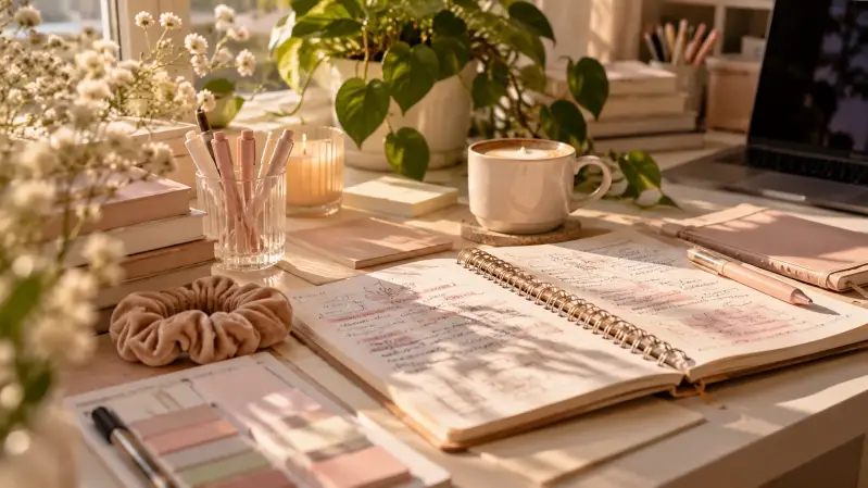 Cozy aesthetic study desk with open notebooks, handwritten study notes, pastel stationery, coffee and warm sunlight, illustrating a calm and organized learning environment for effective studying and better focus.