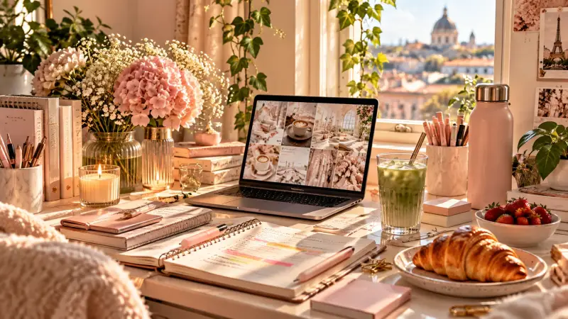 Cozy aesthetic study desk with an open laptop, study notes, pastel stationery, pink flowers and iced matcha in warm sunlight, creating an inspiring study environment for students struggling with motivation and procrastination.