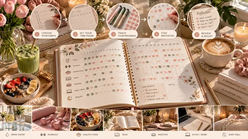 Step-by-step visual guide showing how to use a 30-day habit tracker planner, from choosing daily habits and setting goals to tracking progress and reviewing results, with examples for hydration, exercise, reading, meditation, studying and sleep.