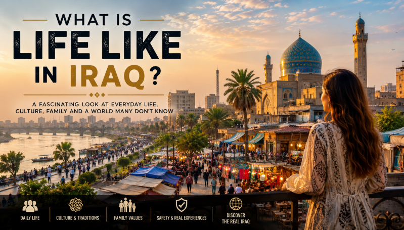 A cinematic wide blog cover about life in Iraq featuring a vibrant riverside cityscape at sunset, bustling markets, historic Islamic architecture, palm trees, and a woman overlooking the scene. The image highlights everyday life, culture, family values, t