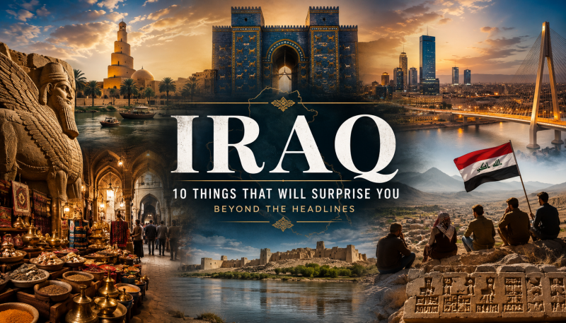 Editorial collage of Iraq featuring ancient history, vibrant bazaars, modern cities, mountains, rivers, and cultural landmarks with the title “Iraq – 10 Things That Will Surprise You Beyond The Headlines.