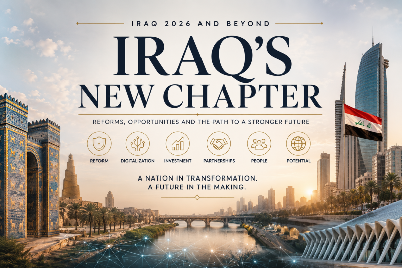 Editorial cover illustrating Iraq's transformation, combining ancient Mesopotamian heritage with modern Baghdad skyline, symbolizing economic reform, digital transformation, international investment, and the country's path toward a modern future.