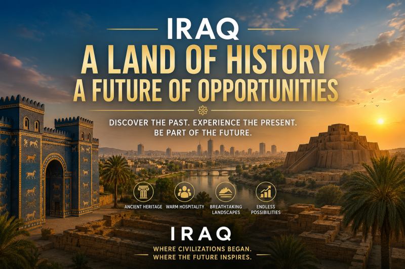 Panoramic view of Iraq showcasing ancient Mesopotamian heritage, modern city skyline, cultural landmarks, and tourism potential, symbolizing Iraq's future as a global travel destination.