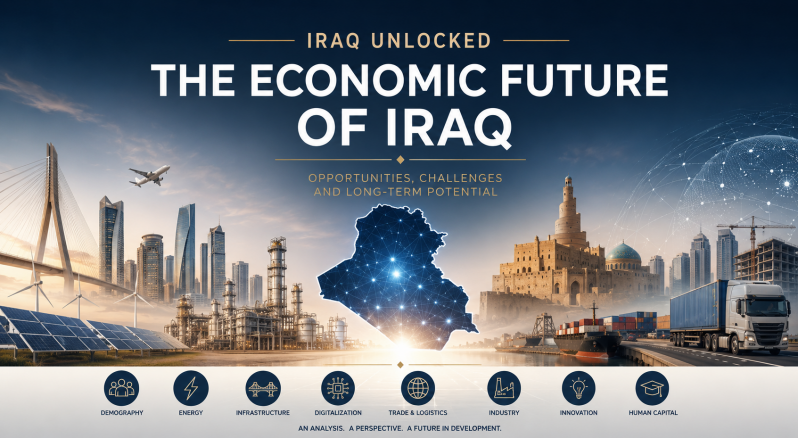 Business cover showing Iraq's economic future with infrastructure, logistics, innovation, and investment opportunities.