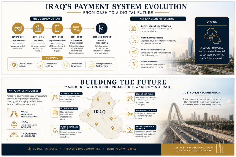 Infographic showing Iraq's digital transformation, infrastructure projects, and economic modernization.