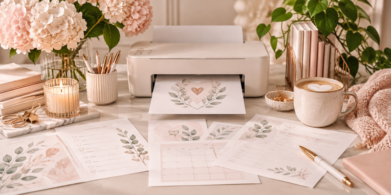 Feminine printable planner templates and free printables for planning, organization, self-care, study and everyday life, styled in an aesthetic home workspace.
