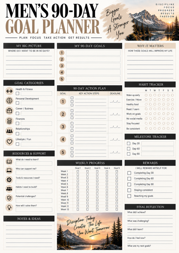 90 Day Goal Planner for Men | Goal Setting, Habit Tracker & Self Improvement Printable
