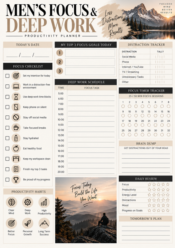 Deep Work Planner for Men | Focus, Productivity & Time Management Printable