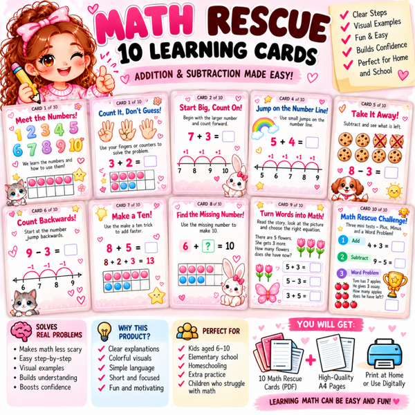 Math Rescue Cards – 10 Easy Addition & Subtraction Learning Cards for Kids | Printable PDF