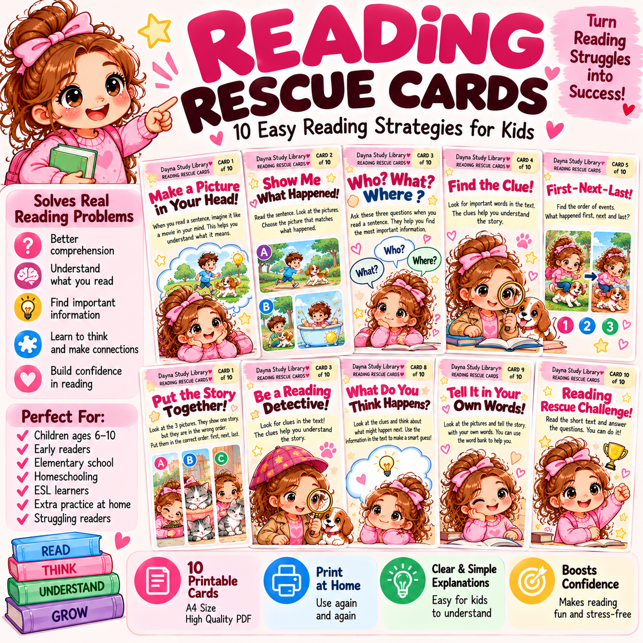 Reading Rescue Cards – 10 Easy Reading Comprehension Strategies for Kids | Printable PDF