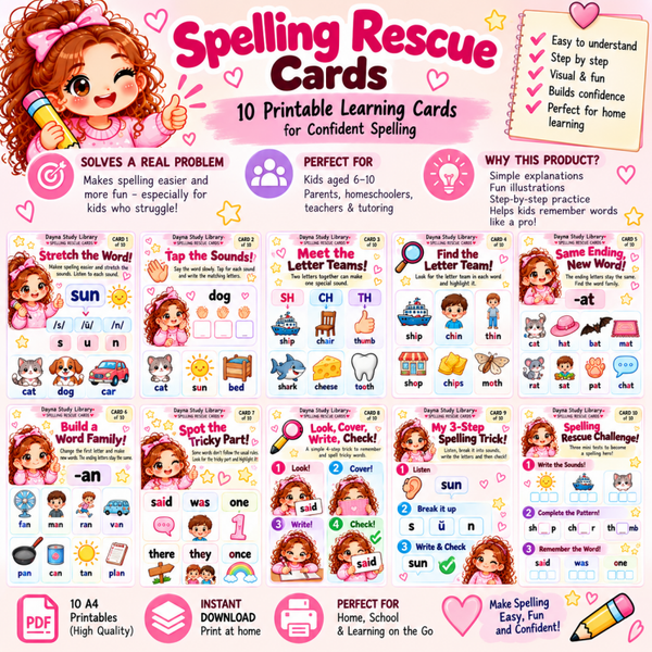 Spelling Rescue Cards – 10 Easy English Spelling Learning Cards for Kids | Printable PDF