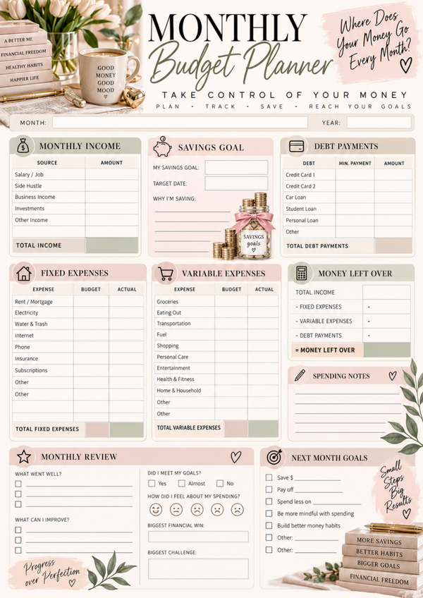 Monthly Budget Planner Printable | Budget Worksheet, Expense Tracker & Money Saving Planner