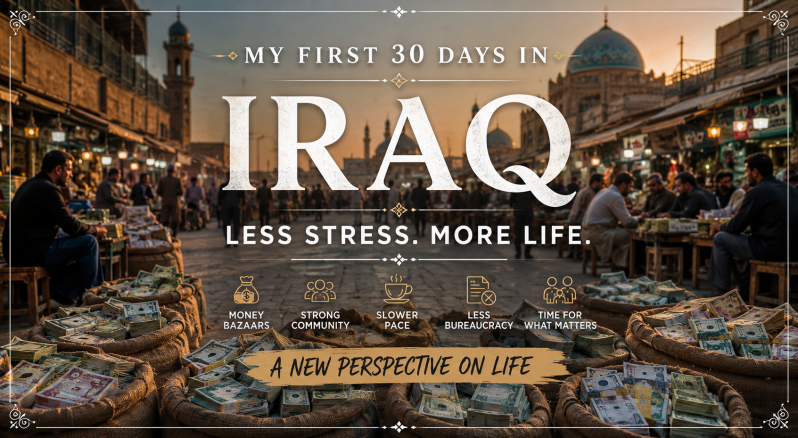 Panoramic cover image showing a traditional Iraqi bazaar at sunset with historic architecture, bustling streets, baskets filled with currency, and people gathering over tea. Elegant centered typography reads “My First 30 Days in Iraq,” reflecting a person