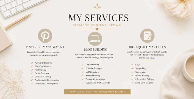 Elegant business banner showcasing Pinterest management, blog building and high-quality content strategy for long-term online growth.