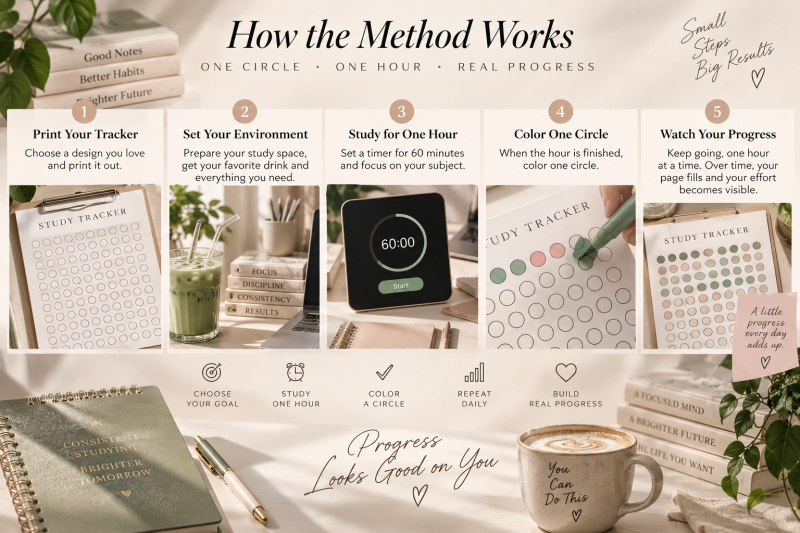 Visual guide explaining the One Circle Per Study Hour Method with five steps: print a study tracker, prepare your study space, study for one hour, color one circle and watch your progress grow.