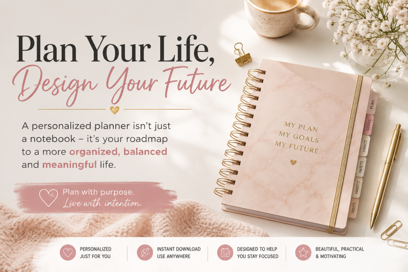 Elegant feminine workspace with a personalized planner, coffee cup, flowers, and gold stationery accessories. Luxury lifestyle flat lay representing organization, productivity, goal setting, and intentional living with a custom digital planner.