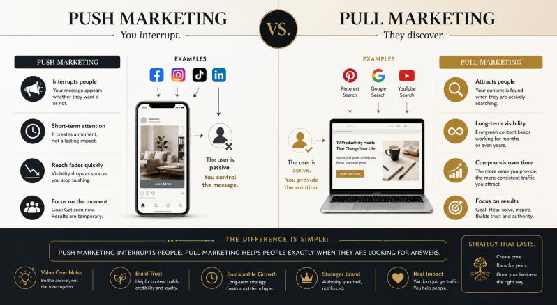 Push vs Pull Marketing Infographic Pinterest, Google Search and Long-Term Content Strategy