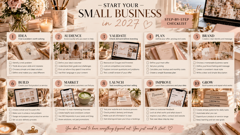 Small business startup checklist for 2027 with 10 steps covering business idea, target audience, validation, planning, branding, marketing, launch and growth.