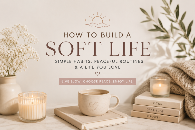 Cozy soft life lifestyle scene with a warm coffee mug, candles, books, neutral beige decor, and elegant typography reading "How to Build a Soft Life," symbolizing peaceful routines, intentional living, and feminine self-care.