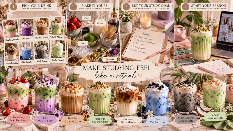 Aesthetic study drink ritual featuring eight 2027 study drinks including strawberry matcha, ube matcha, hojicha, pistachio matcha and colorful lattes with a simple study session routine.