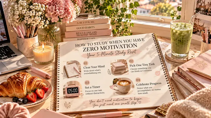 Aesthetic 5-minute study motivation reset guide featuring four simple steps to overcome study procrastination: clear your mind, pick one small task, set a timer, and celebrate progress. Cozy pink and beige study desk with notebooks, stationery, iced match