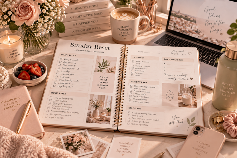 Feminine Sunday reset planner with brain dump, weekly priorities, Monday preparation, home reset and self-care routine.