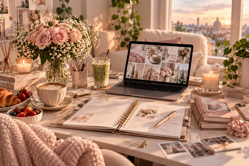 Feminine Sunday reset workspace with weekly planner, laptop, coffee, flowers and stationery for planning a calm and organized week.