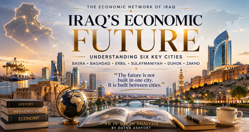 Editorial cover showing Iraq's major economic cities and their role in the country's future economy.