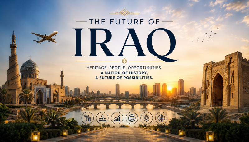 Cinematic panorama of Iraq featuring historic landmarks, a modern skyline, and the title "The Future of Iraq," symbolizing heritage, innovation, and opportunity.