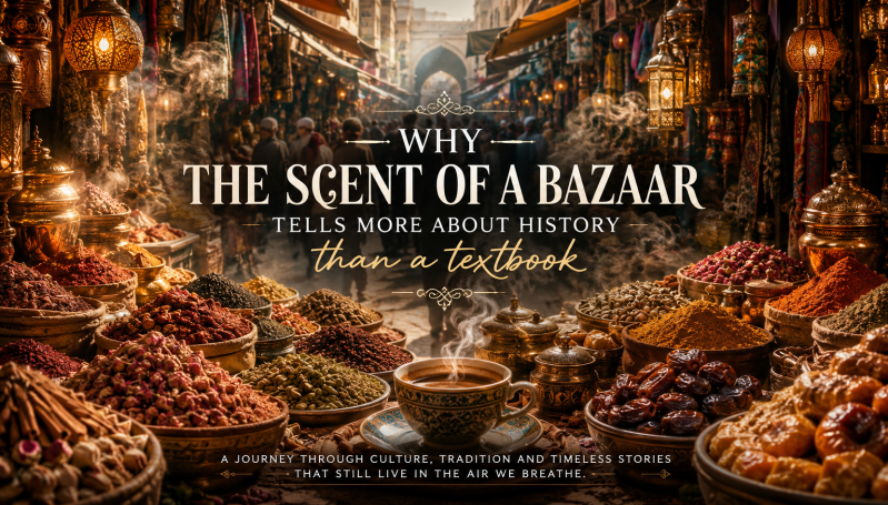 Traditional Middle Eastern bazaar filled with colorful spices, aromatic coffee, dates, cinnamon, and handcrafted goods under warm lantern light. A cinematic market scene capturing the rich history, culture, and timeless atmosphere of a historic bazaar.