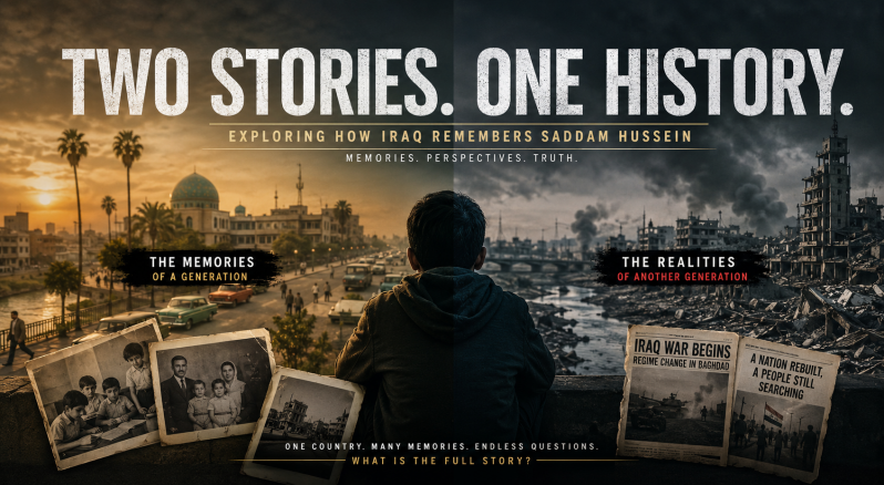 A cinematic editorial cover showing two contrasting visions of Iraq, with a warm nostalgic city scene on one side and a war-damaged landscape on the other, symbolizing how the same history can be remembered in different ways.