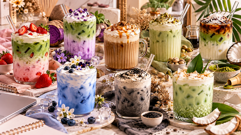 Aesthetic study drinks for 2027 featuring strawberry matcha, ube matcha, hojicha caramel latte, pistachio matcha, coconut matcha, blue vanilla latte, black sesame latte and pandan coconut latte for fun study sessions.