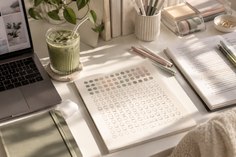 Aesthetic study desk with a visual circle study tracker, laptop, matcha and stationery representing the one circle per study hour method.