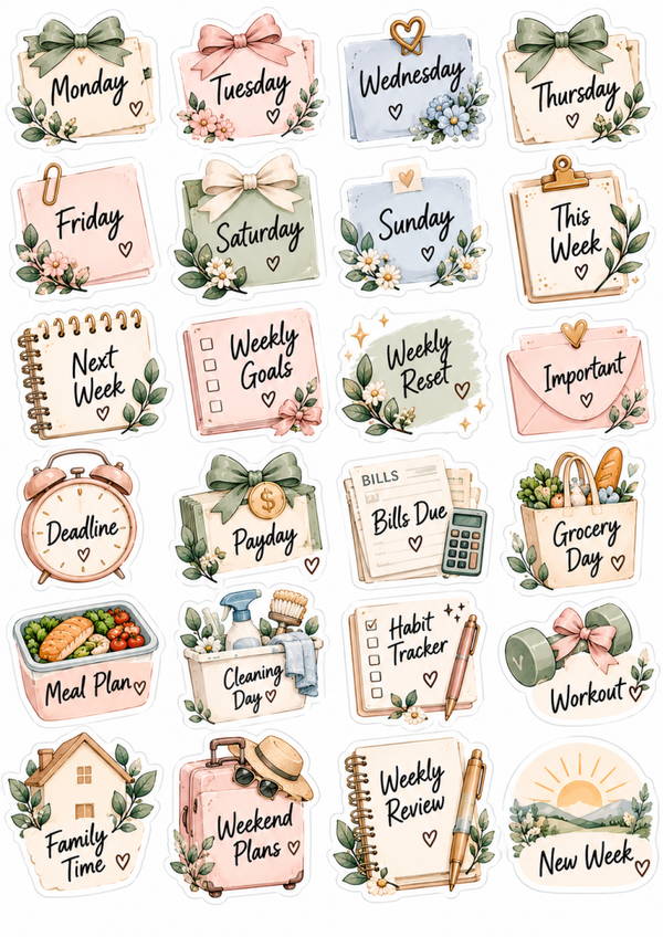 Weekly Planner Stickers Printable | Cute Functional Stickers, Weekly Reset & Journaling