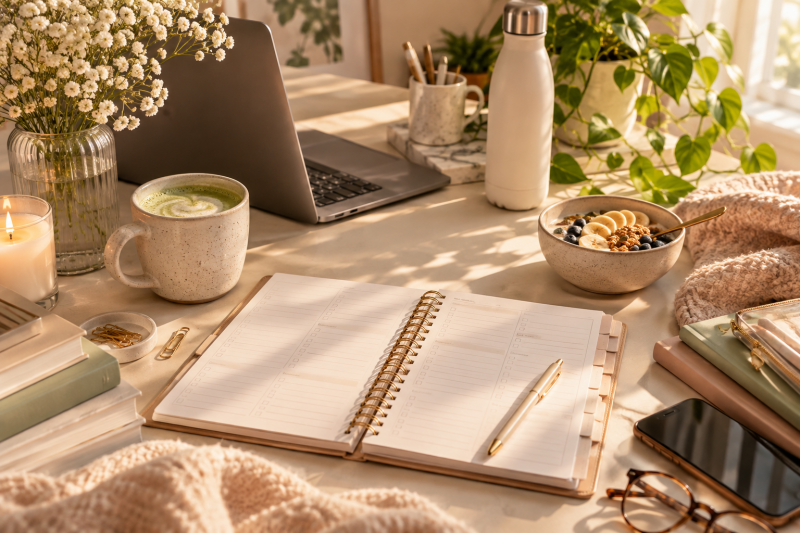 Aesthetic weekly reset routine with an open planner, laptop, matcha, flowers and a calm organized workspace for planning the week ahead.
