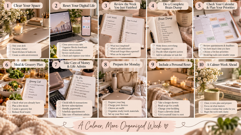Weekly reset routine checklist showing how to clear your space, organize your digital life, plan your week, manage meals and life admin, prepare for Monday and create a calmer organized week.