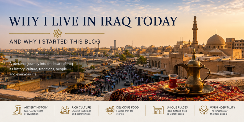Panorama einer irakischen Stadt bei Sonnenuntergang mit historischer Architektur, belebten Märkten, traditionellem Tee und Einblicken in Kultur und Alltag des Iraks.