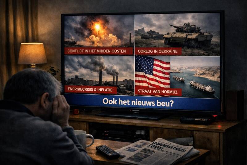 Een kijker staart naar het avondnieuws vol oorlog, energiecrisis en politieke chaos — een dagelijkse dosis somberheid die steeds meer mensen doet afhaken.