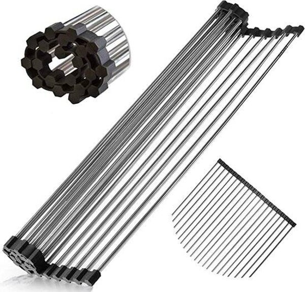 iBright Oprolbare Afdruiprek - Pannen rooster hittebestendig - Afdruiprooster - Pannenonderzetter - RVS Zwart