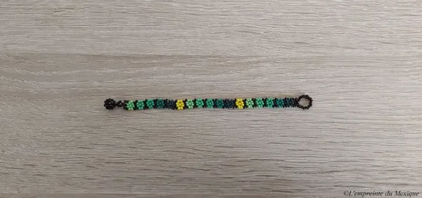 Bracelet fin fleurs de peyotl vertes, jaunes et bleues en perles de chaquiras – Art Wixárika