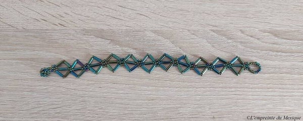 Bracelet losanges bleu pétrole en perles de chaquiras et perles longues - Art Wixárika
