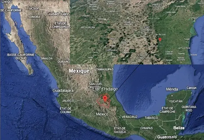 Carte de la situation géographique de l’état d’Hidalgo et de la communauté de San Nicolas de Tenango de Doria au Mexique